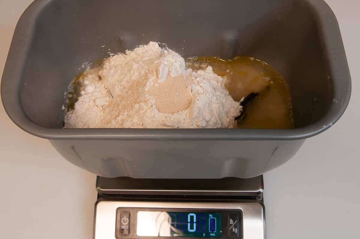bread machine pan on a digital scale