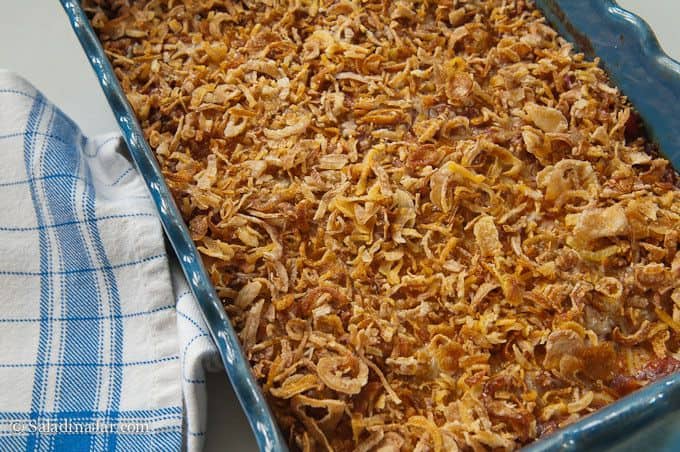 toasting French fried onions on top of Cream Cheese Spaghetti recipe