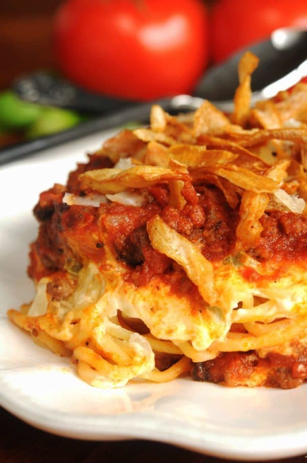 Spaghetti Casserole with French Fried Onions