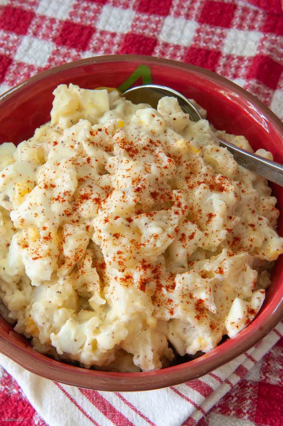 Potato Salad with Cooked Dressing and No Mustard in a large serving bowl