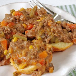 HAMBURGER VEGGIE CRUMBLE OVER BISCUITS