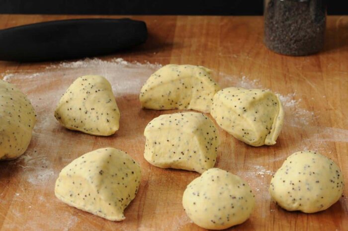 Poppy Seed Rolls--portioned dough before shaping.