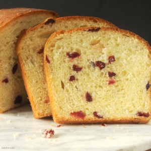 slices of golden egg and dried fruit bread