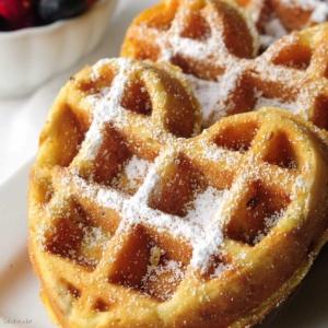 orange waffles with powdered sugar on top