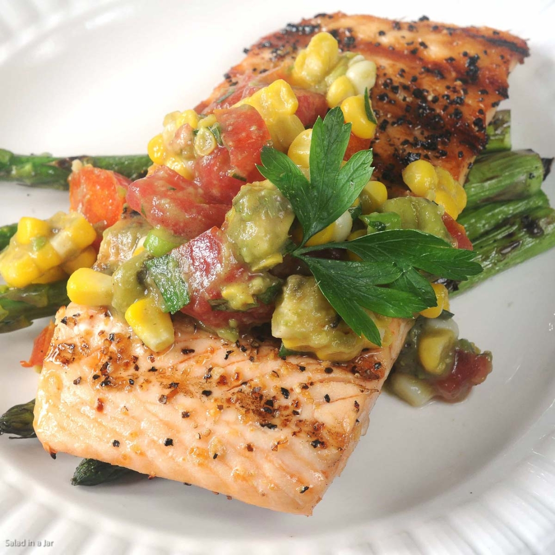 Grilled Salmon with Fresh Corn,Tomato and Avocado Relish Salad in a Jar