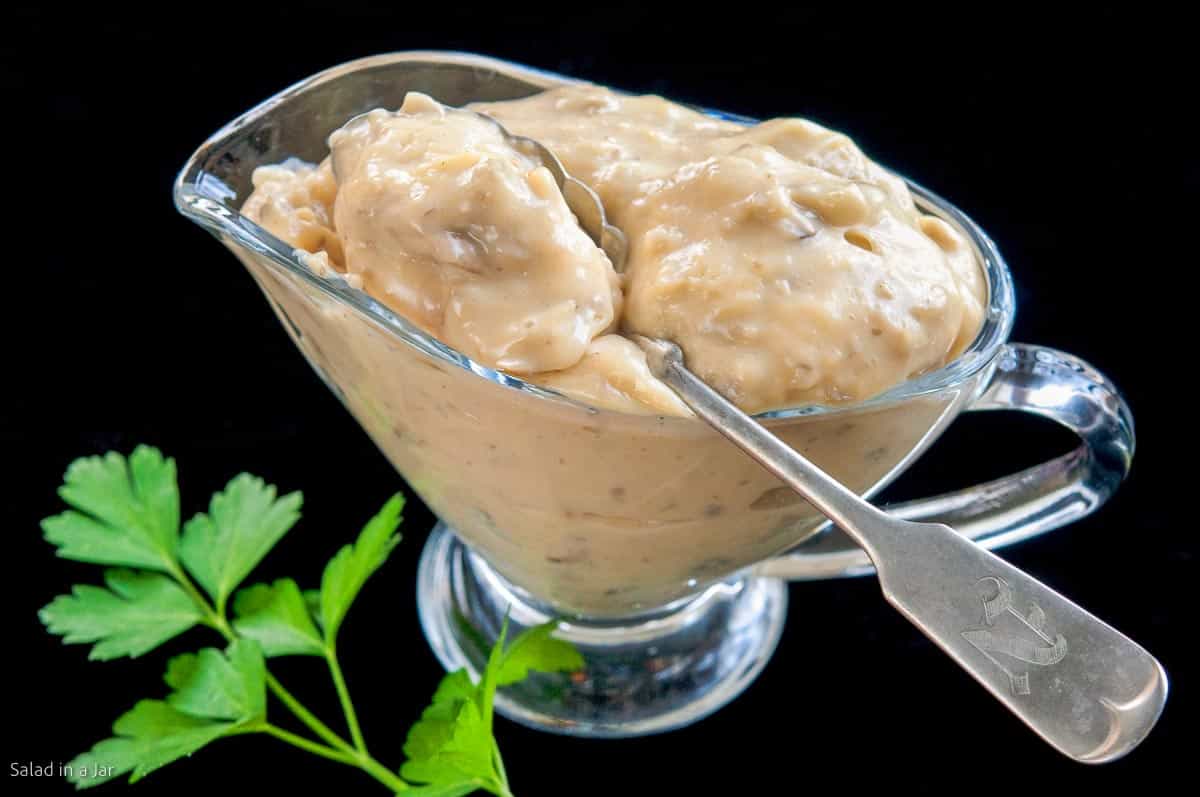 HOMEMADE CONDENSED CREAM OF MUSHROOM SOUP in a glass bowl