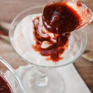 strawberry balsamic sauce drizzles over yogurt