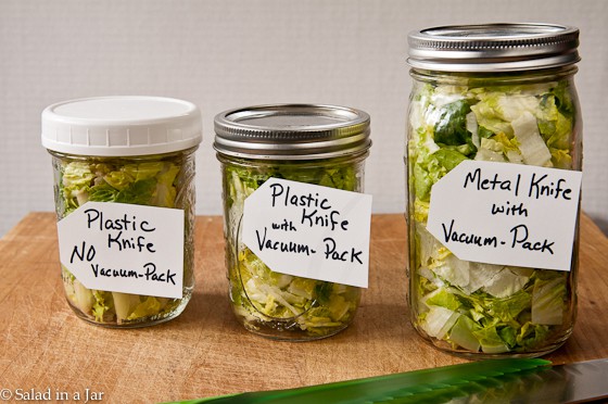 Is a Plastic Knife a Substitute for Vacuum-Packing Lettuce? --jars of lettuce in the test