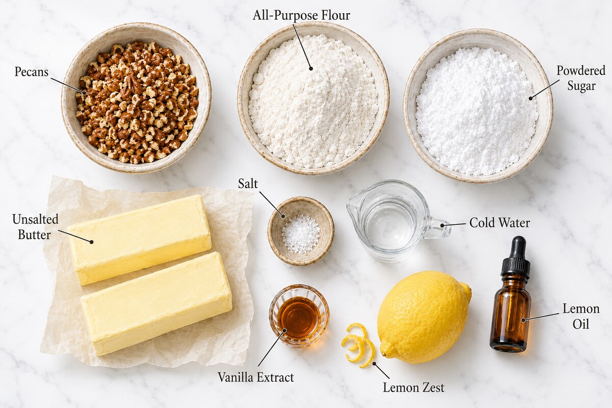 Illustrated ingredients for lemon snowdrop cookies, including pecans, flour, powdered sugar, butter, vanilla, lemon, and salt.