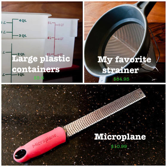 microplane, strainer, and storage containers
