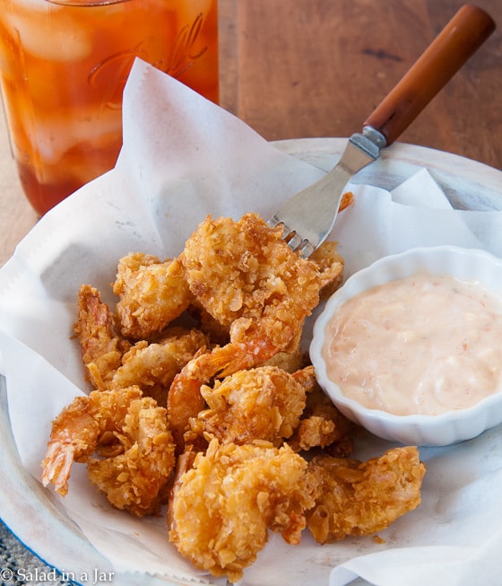 REALLY CRUNCHY FRIED SHRIMP-in a bowl with remoulade sauce