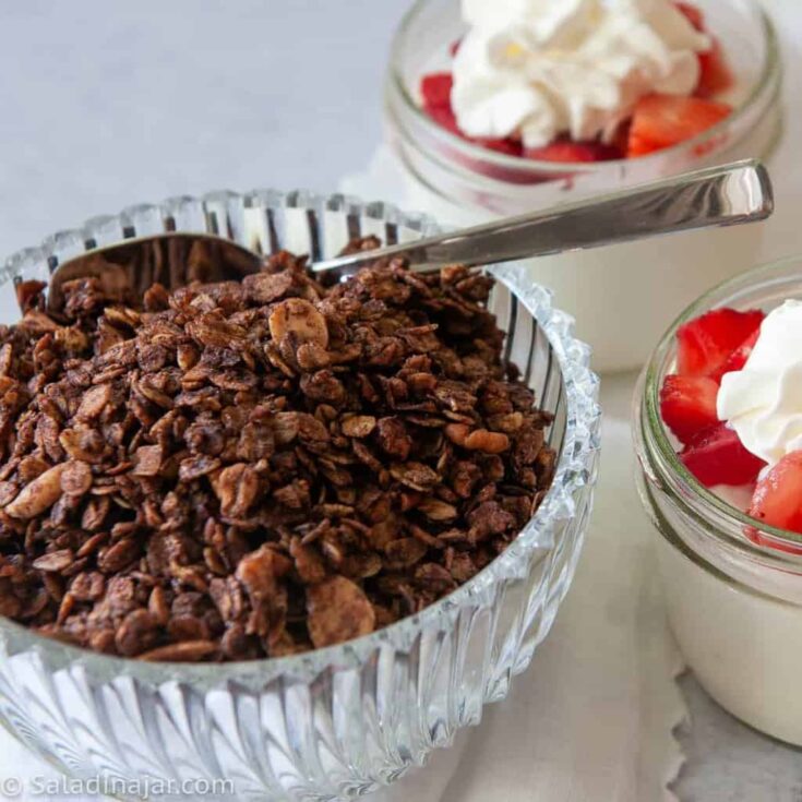 chocolate olive oil granola ready to sprinkle over yogurt parfaits