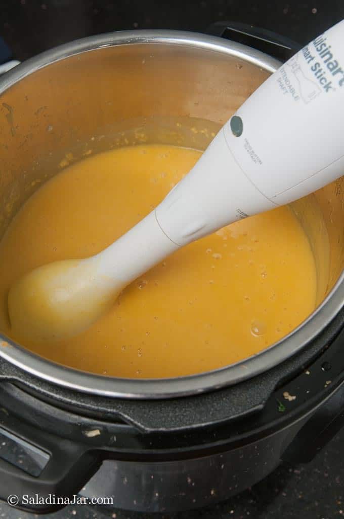  using an immersion blender to make Spicy Butternut Squash Soup silky smooth