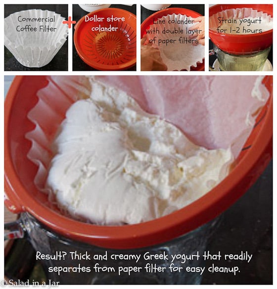 A Cheap Way To Strain Yogurt Without Using Cheesecloth--story board of how to do it.