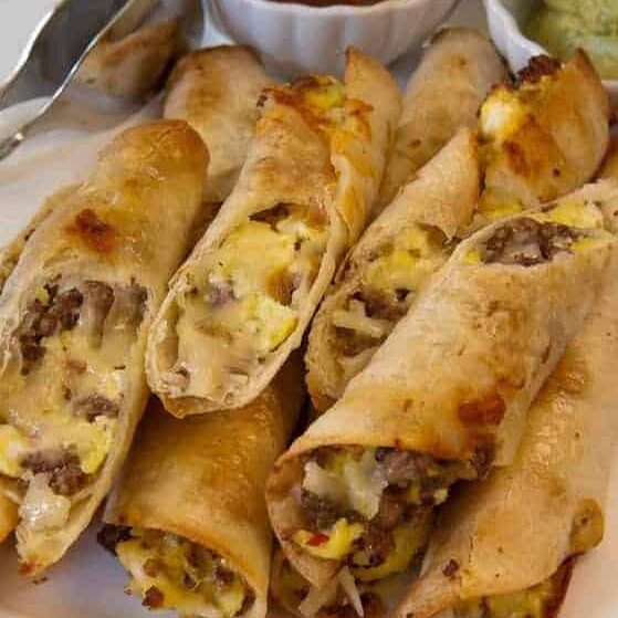 crispy egg and sausage breakfast flautas.