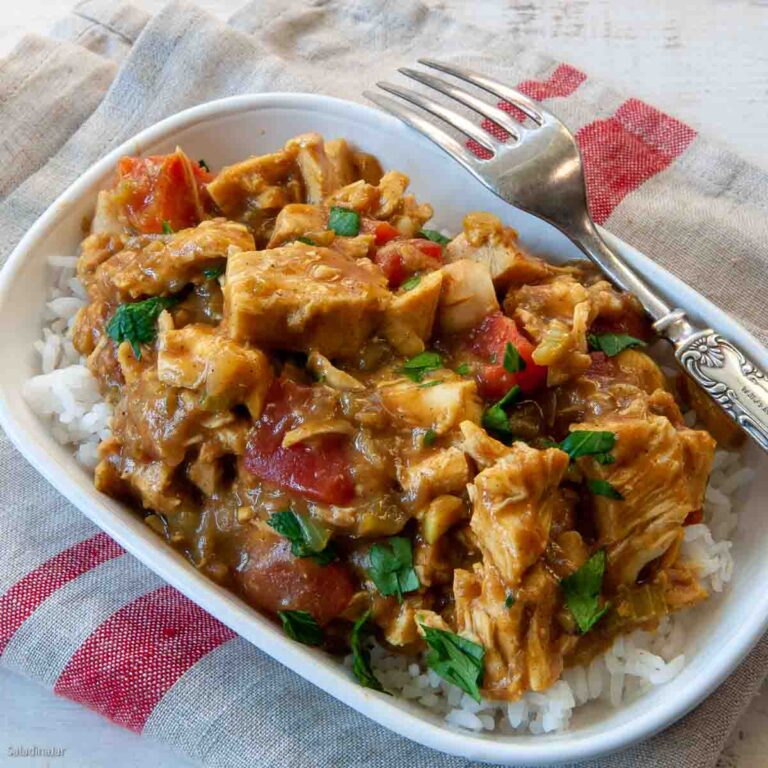 Easy Chicken Curry (cooked in a microwave) and served over rice.