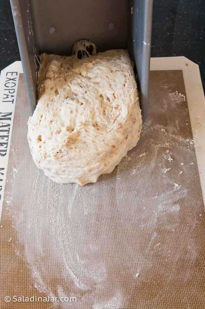 dumping bread dough out of bread machine pan