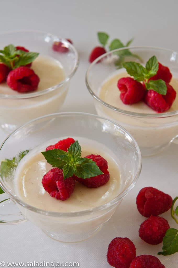 vanilla posset garnished with raspberries