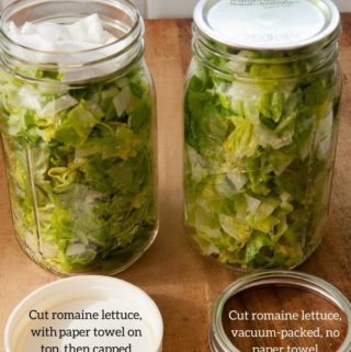 Vacuum-packed lettuce compared to jar containing paper towel