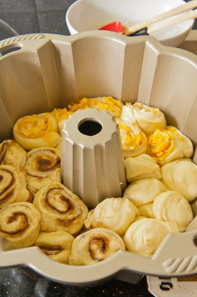 three different flavors of raw dough for this Party Bread is shown in bundt pan.