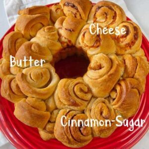 Party bread with three flavors: cheese, butter, and cinnamon-sugar in the same pan.