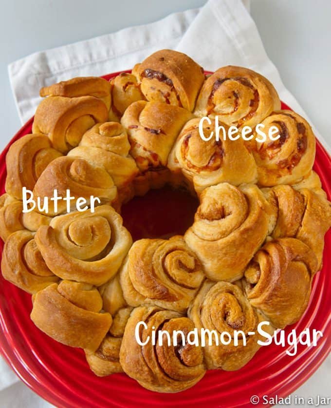 Party Bread made from scratch that includes three flavors:  labeled "Butter," "Cheese," and "Cinnamon-Sugar".