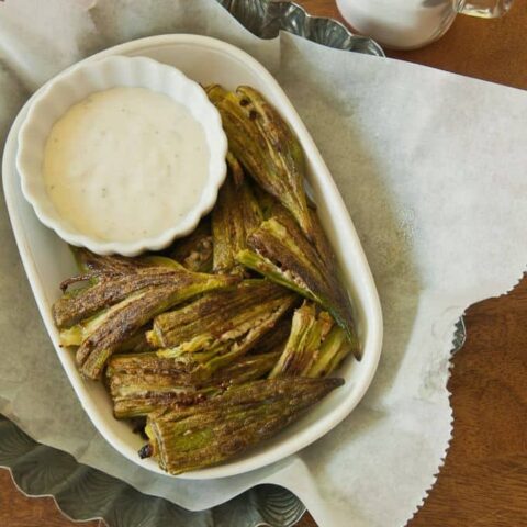 Roasted Smashed Okra served with ranch dressing