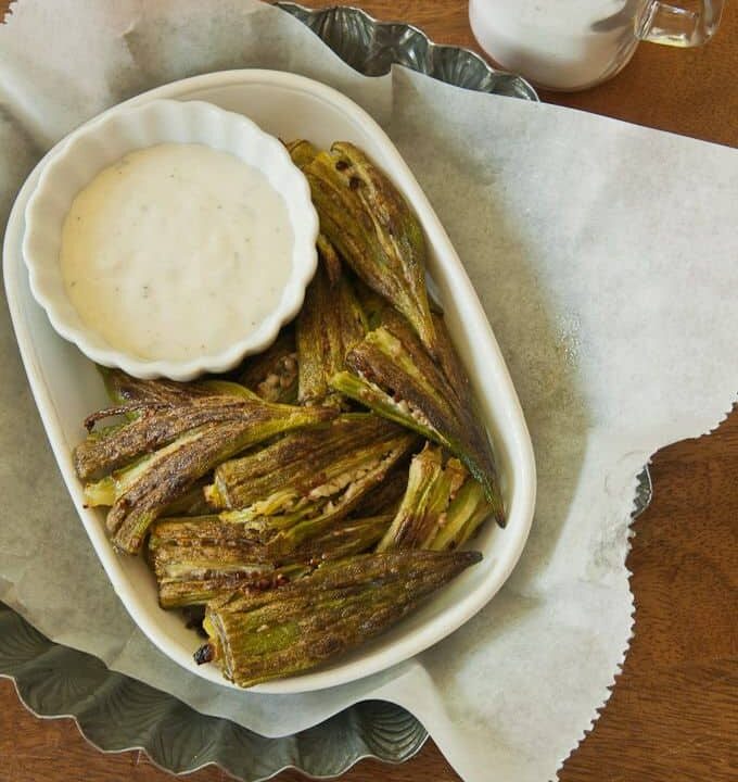 Roasted Smashed Okra served with ranch dressing