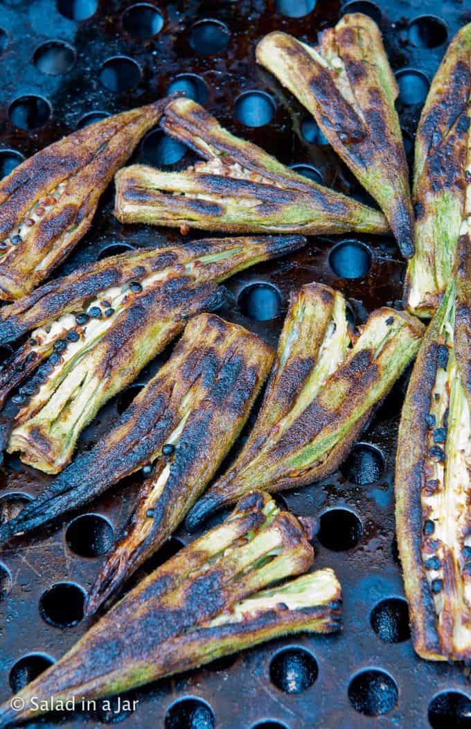 Charred okra on grilling rack