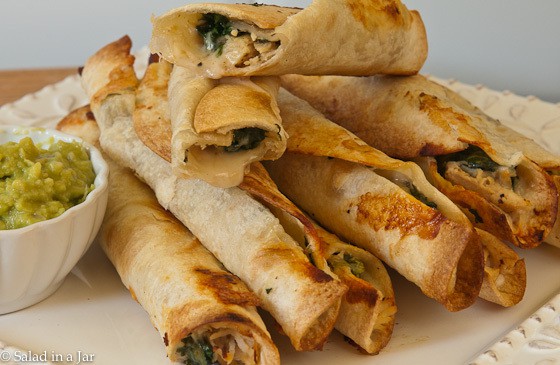 Crispy Baked Chicken Taquitos with Spinach | Salad in a Jar