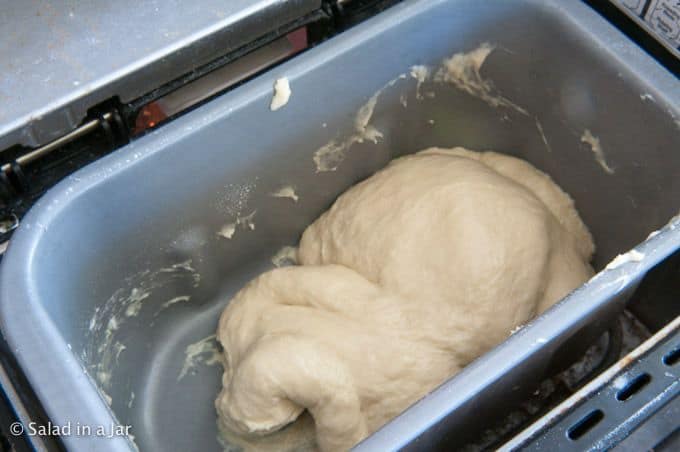 The dough should look smooth and shiny like this when the kneading is almost done.