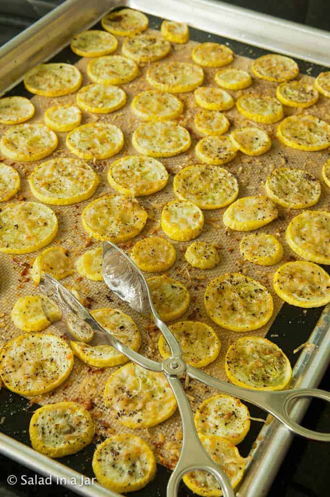 baked summer squash on cookie sheet
