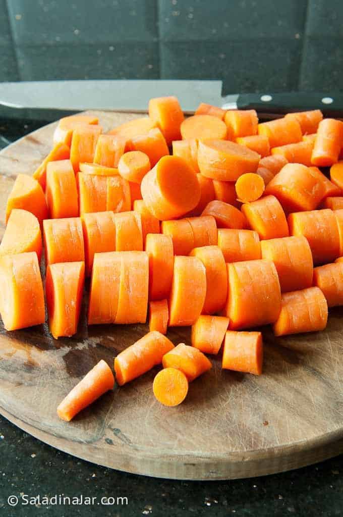 Sliced carrots on a cutting board