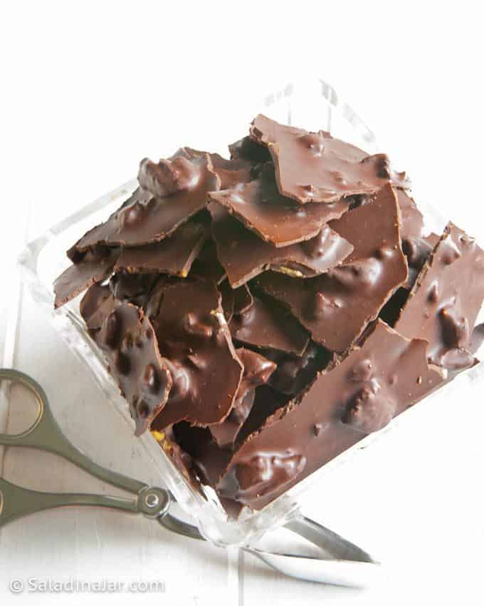Spicy Dark Chocolate-Pecan Bark --in serving dish