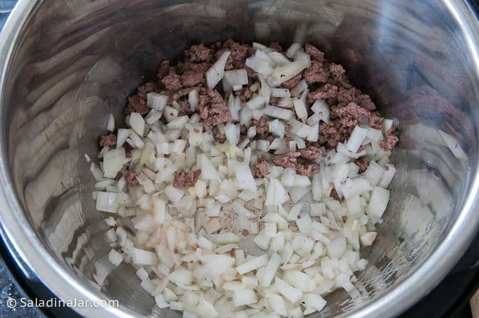 Texas Black-Eyed Pea Soup-frying onions and vegetables in Instant Pot