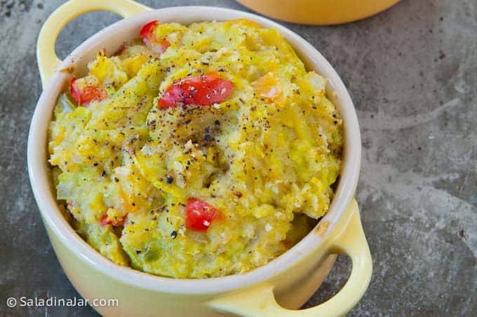 Colorful Yellow Squash and Peppers Casserole-baked in small ramekin