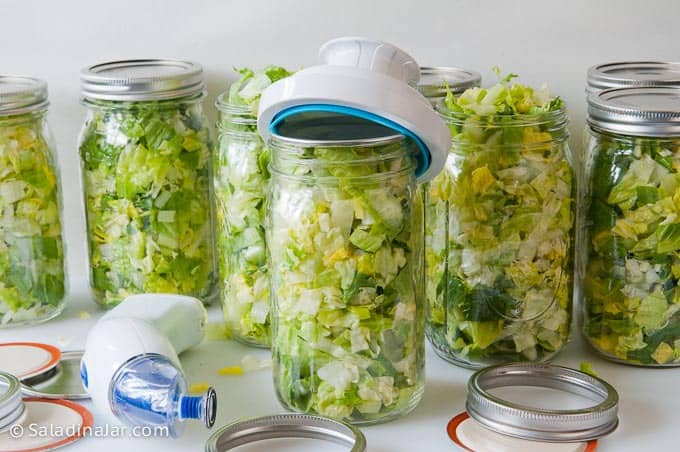 Vacuum-sealing jars of lettuce with equipment needed to vacuum-pack it.