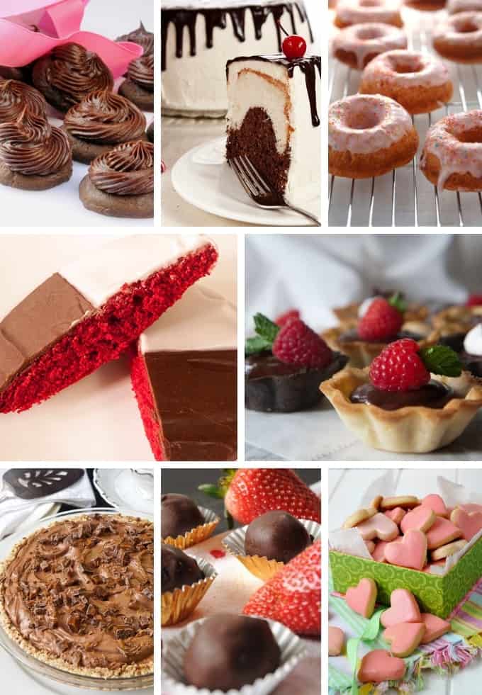 Variety of chocolate, heart-shaped, or pink desserts for Valentine's Day