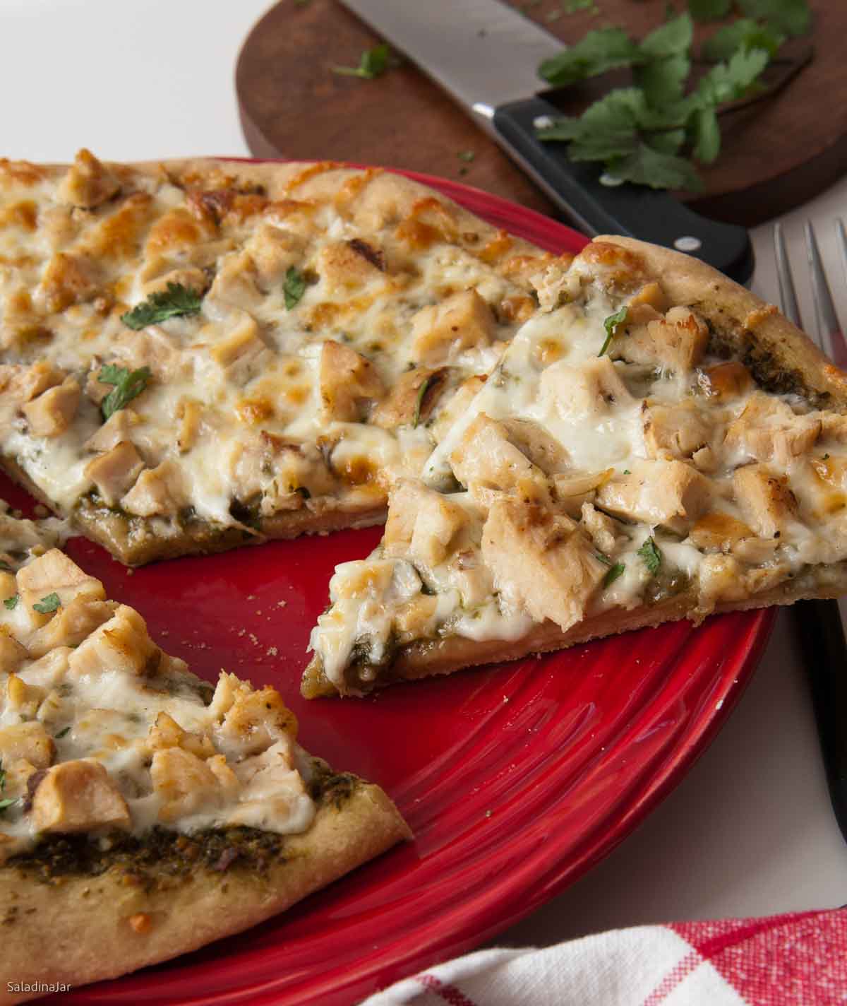 chicken pesto pizza on my favorite pizza dough recipe