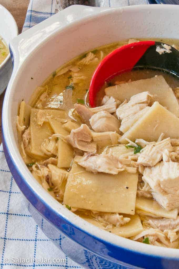 Chicken with rolled flat dumplings (using egg) ready to eat