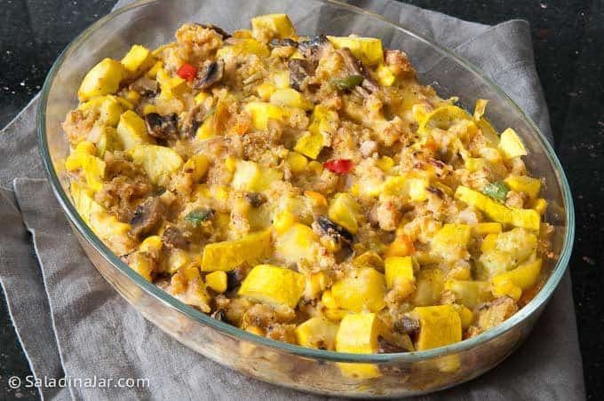 Baked Squash and Cornbread Casserole in a serving dish.