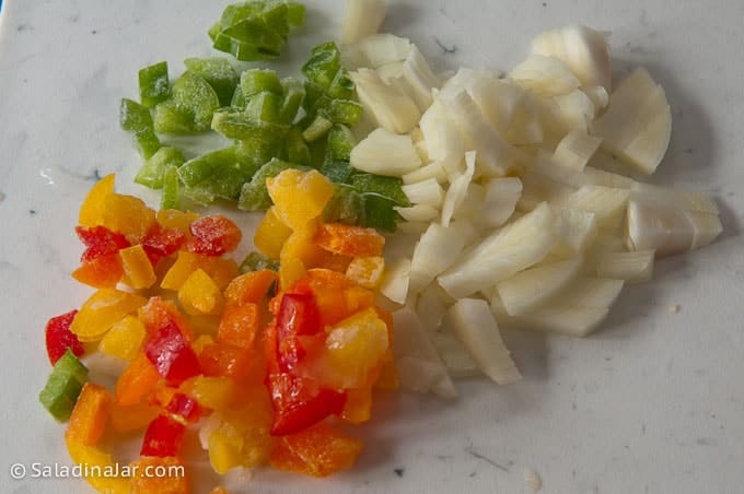 chopped onions and bell peppers.