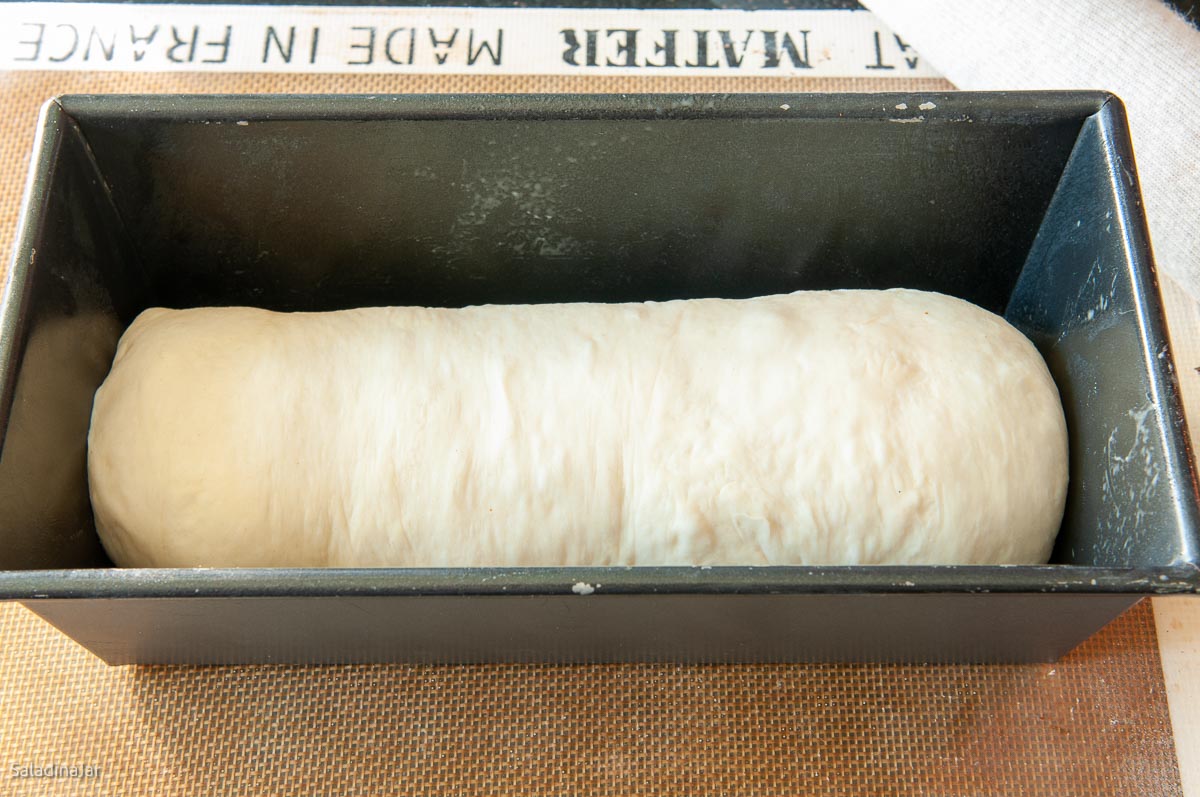 raw dough placed seam side down in loaf pan