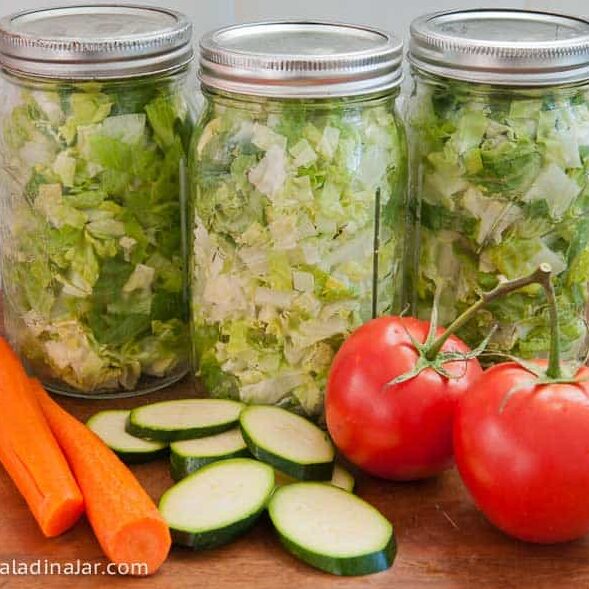 vacuum-sealed jars of lettuce with fresh veggies laying next to them