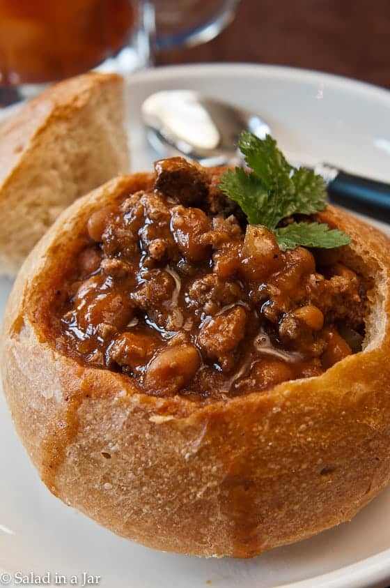 a homemade soup bowl holding chili.