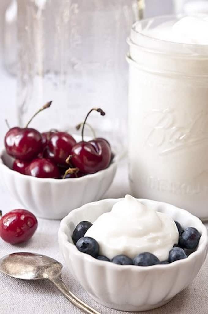 Greek yogurt with cherries and blueberries
