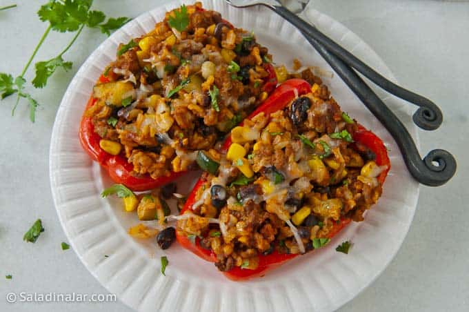 two stuffed peppers on a plate