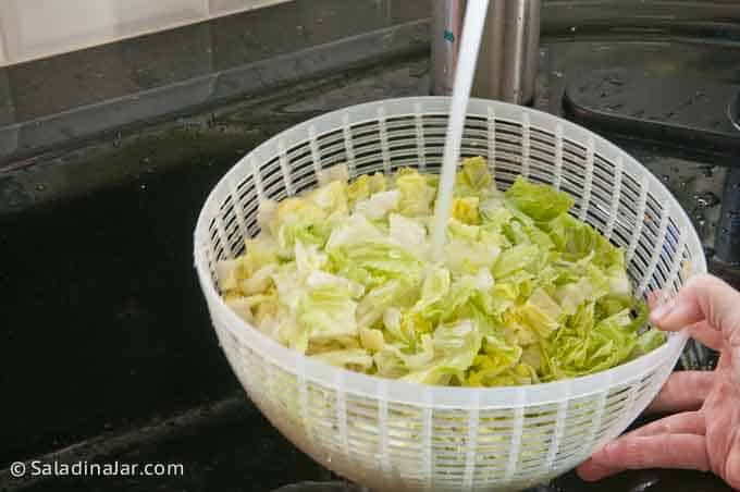 rinsing lettuce at the sink in a salad spinner basket.