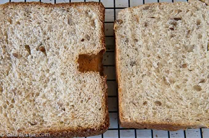 comparing the internal texture of slices of bread baked in conventional oven and a bread machine