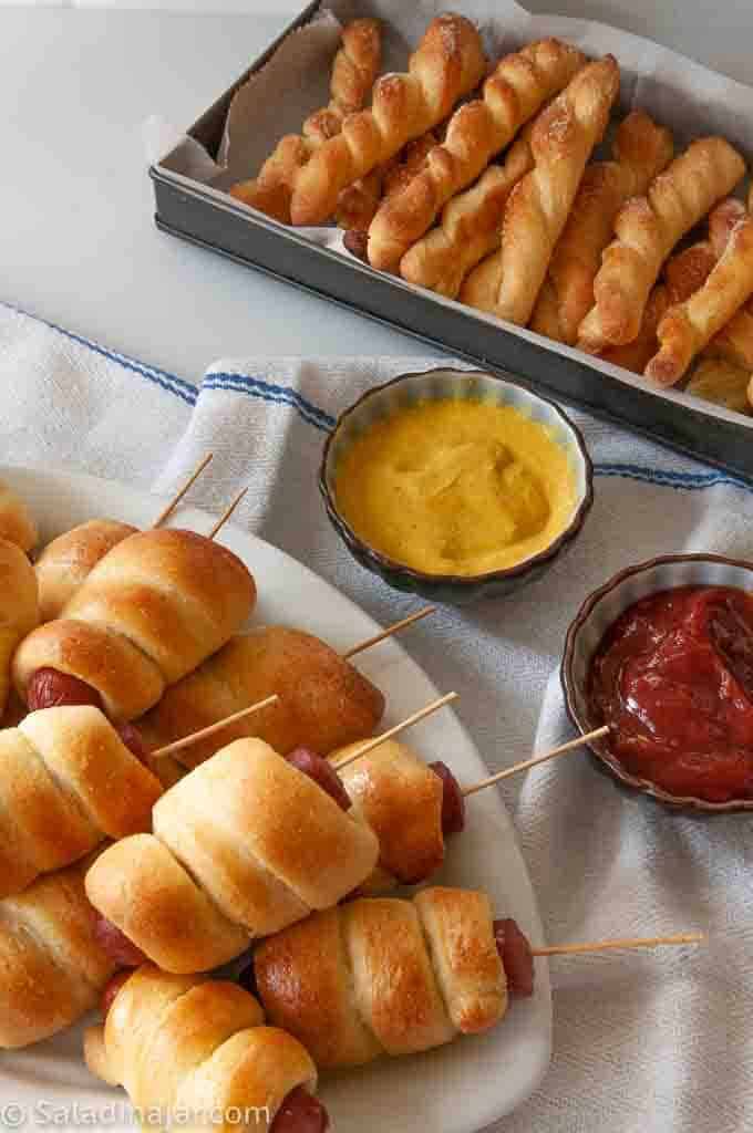 mini corndogs and cornbread twists made with yeast and a Jiffy mix